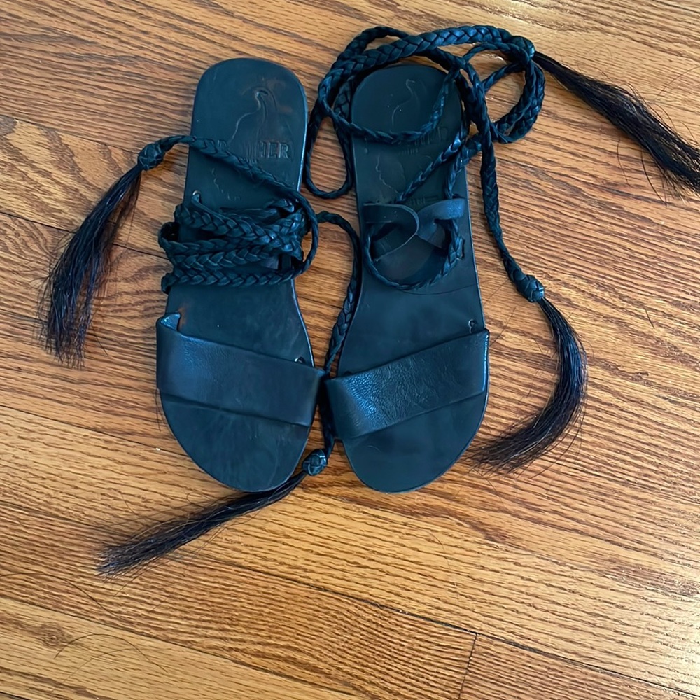 Brother Vellies Womens braided leather wrap sandals